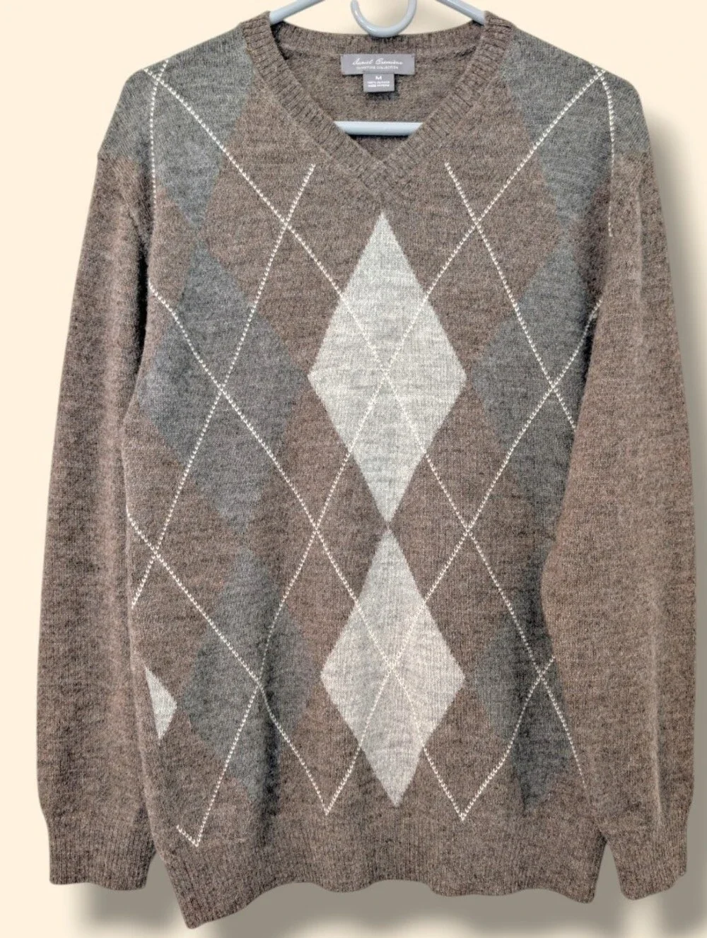 Daniel Cremieux Men's Taupe Grey 100% Alpaca Long Sleeve V-Neck Argyle Sweater M